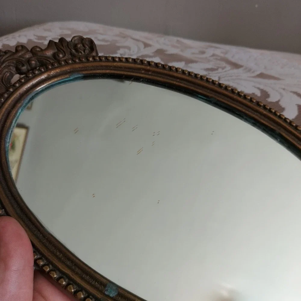 Vintage Ornate Oval Vanity Mirror Bronze Cast Metal Shell Ribbon Bow 14x7.75in